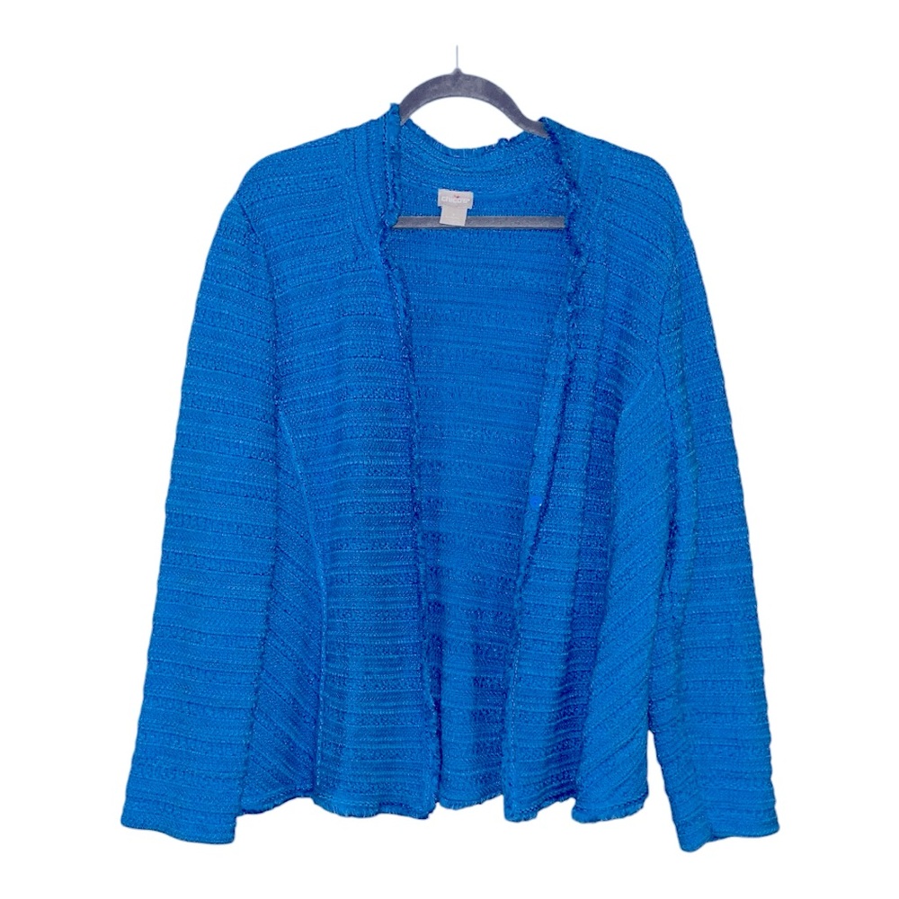 Chicos size 3 open front knit jacket cardigan XL blue coastal grandma